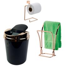 Kit Porta Toalha Duplo Papeleira Lixeira Rose Gold - Branco