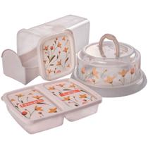 Kit Porta Torradas com Gaveta Deslizante, Porta Frios e Queijeira com Base de Rosca 3 peças Marmorizado Plasutil