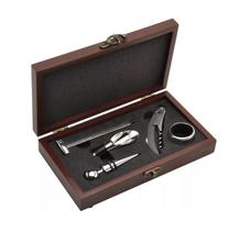 Kit Porta Vinho Com 5 Acessórios Inox E 1 Caixa De Madeira