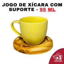Kit Porta Xícara Circular com Xícara Porcelana Amarela 95ml - Alta-Qualidade-Conjunto-Café-Design-Moderno-Suporte-Prático - Senhora Madeira