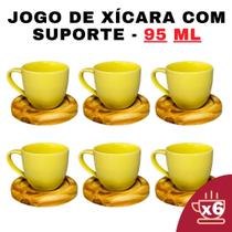 Kit Porta Xícara Circular com Xícara Porcelana Amarela 95ml - Alta-Qualidade-Conjunto-Café-Design-Moderno-Suporte-Prático