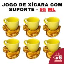 Kit Porta Xícara Coração com Xícara Porcelana Amarela 95ml - Design-Moderno-Suporte-Prático-Conjunto-Café-Personalizada