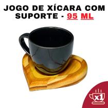 Kit Porta Xícara Coração com Xícara Porcelana Preto 95ml - Conjunto-Café-Design-Moderno-Suporte-Prático-Personalizada