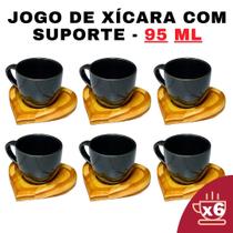 Kit Porta Xícara Coração com Xícara Porcelana Preto 95ml - Conjunto-Café-Design-Moderno-Suporte-Prático-Personalizada