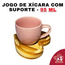 Kit Porta Xícara Coração com Xícara Porcelana Rosa 95ml - Conjunto-Café-Design-Moderno-Suporte-Prático-Personalizada