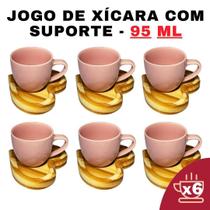 Kit Porta Xícara Coração Com Xícara Porcelana Rosa 95Ml