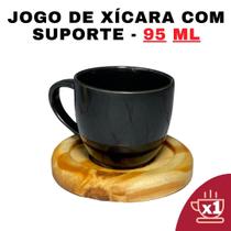 Kit Porta Xícara Redondo Com Xícara em Porcelana Preto 95ml - Design-Moderno-Suporte-Prático-Alta-Qualidade-Conjunto-Café - Senhora Madeira