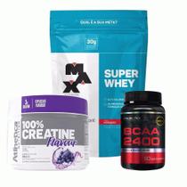 Kit Pós Treino Super Whey Protein (morango) - Creatine 300g - Bcaa 60 caps - Max Titanium