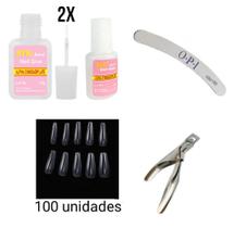 Kit Postiça Bailarina realista + lixa banana + cortador tips + 2 colas 10Gr unhas acrigel Gel