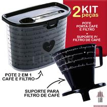 Kit Pote Café e Filtro 2 em 1 e Suporte para Filtro de Café Corações Plasutil