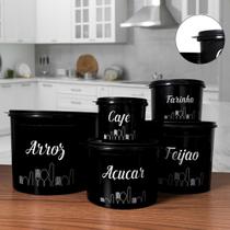 kit pote de mantimentos para cozinha 5 potes plastico preto x madeirado