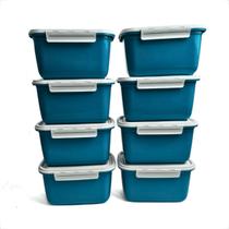 Kit Pote de Plástico Marmita Tampa Com Trava Hermetico 1L Marmitas Fitness Comida 16x12x9cm