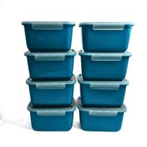 Kit Pote de Plástico Marmita Tampa Com Trava Hermetico 1L Marmitas Fitness Comida 16x12x9cm