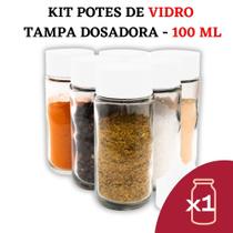 Kit Pote de Tempero e Condimentos de Vidro com Tampa Dosadora - Potes de Vidro 100ml Tampa Branca - Frascos - Jogo - Senhora Madeira