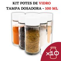 Kit Pote de Tempero e Condimentos de Vidro com Tampa Dosadora - Potes de Vidro 100ml Tampa Branca - Frascos - Jogo - Senhora Madeira