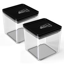 Kit Pote Mantimento Hermético 2 Peças de 1L Organizador Cozinha Acrílico TampaTrava Quadrado Vasilha