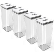 Kit Pote Mantimento Hermético 4 Peças de 2,5L Organizador Cozinha Dispensa Acrílico Tampa Trava Quadrado Multiuso