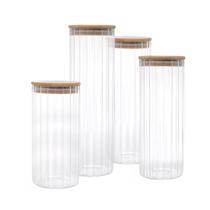 Kit Pote Porta Mantimento Vidro Canelado tampa de Bambu 4pçs