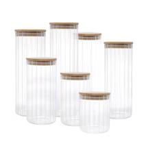 Kit Pote Porta Mantimento Vidro Canelado tampa de Bambu 7pçs Kit Pote Porta Mantimento Vidro Canelado tampa de Bambu 7pçs