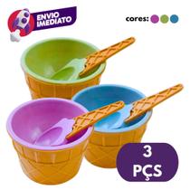 Kit Pote Potinho Plástico Colorido Sorvete Sobremesa Açaí Com Colher Tigela Formato Casquinha