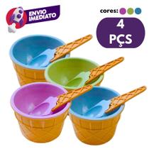 Kit Pote Potinho Plástico Colorido Sorvete Sobremesa Açaí Com Colher Tigela Formato Casquinha