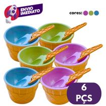 Kit Pote Potinho Plástico Colorido Sorvete Sobremesa Açaí Com Colher Tigela Formato Casquinha