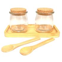 Kit Pote Potinhos de Vidro Temperos Açúcar Sal com Colher e Base de Bambu Kit Pote Potinhos de Vidro Temperos Açúcar Sal com Colher e Base de Bambu