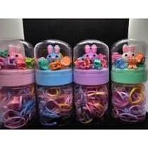 Kit Pote Sortido com Elásticos de silicone para cabelo Infantil Colorido + Mini Presilhas