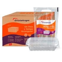 Kit Pote + Tampa PP Retangular Cristalcopo 1000ml 25un Marmita Fitness
