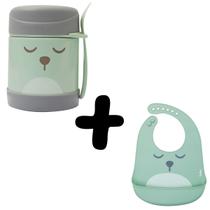 Kit Pote Térmico e Babador Pega Migalhas Silicone Gumy Buba Verde