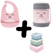 Kit Pote Térmico Gumy Babador Pega Migalhas Silicone e 3 Potes de Papinha Infantil Rosa Buba