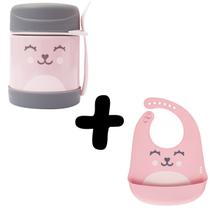 Kit Pote Térmico Papinha e Babador de Silicone Pega Migalhas Rosa Buba Gumy