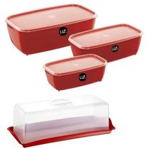 Kit Potes 3 Peças + Porta Pão De Forma Plástico Uz Vermelho