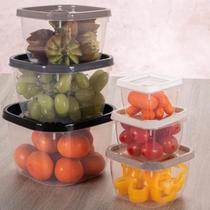 Kit Potes 6 Plástico Marmita Quadrado Conect Tampa Trava Colorida Plasutil Organizador de Alimentos