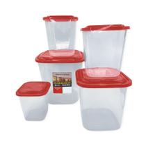 Kit Potes Conjunto Porta Mantimentos Jogo com 5 Peças Plástico Tampa Vermelho
