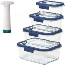 Kit Potes De Vidro Com Bomba Vácuo 5 Peças Tampa Vidro Glace