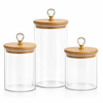 Kit Potes de Vidro Hermético para Mantimentos Tampa Bambu Puxador Cristal Organização Cozinha Kit Potes de Vidro Hermético para Mantimentos Tampa Bambu Puxador Cristal Organização Cozinha