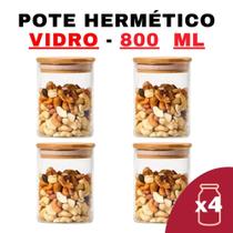 Kit Potes de Vidro Herméticos com Tampa de Bambu 800ml - 10x12,5