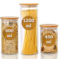 Kit Potes De Vidro Liso Premium Porta Condimentos Redondo Tampa Bambu Empilhável Alimentos Temperos