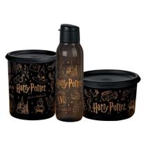 Kit Potes e Garrafa Tupperware Harry Potter Instantânea Mágica Hogwarts Preto 3 Peças