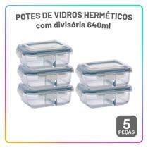 Kit Potes Herméticos 640 ml Com Divisória Quality House Porta Mantimentos em Vidro com Tampa 5 Peças