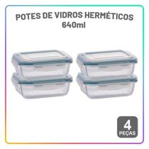 Kit Potes Herméticos 640 ml Empilháveis Quality House Porta Mantimentos em Vidro com Tampa 4 Peças