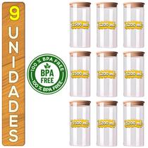 Kit Potes Herméticos de Vidro com Tampa de Bambu para Temperos e Condimentos