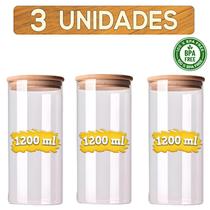 Kit Potes Herméticos de Vidro com Tampa de Bambu para Temperos e Condimentos