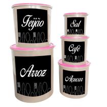 Kit Potes Para Mantimentos 5 Peças Redondo Decorado em Plástico