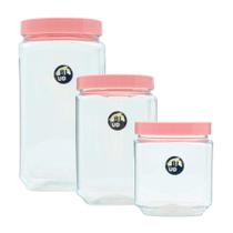 Kit Potes Plástico Com Tampa Multiuso 1,0, 1,5 e 2,0 Litros Organiza 3 Peças Cor Rosa Candy