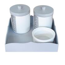 Kit Potes Porcelana para Kit Higiene na cor cinza e bandeja em Madeira MDF - Bia Baby Decor