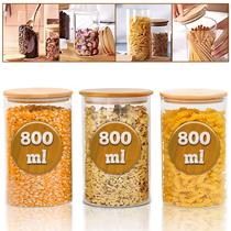 Kit Potes Porta Mantimento Frasco De Vidro Herméticos Tampa de Bambu Natural