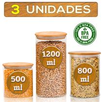 Kit Potes Porta Mantimento Frasco De Vidro Herméticos Tampa de Bambu Natural