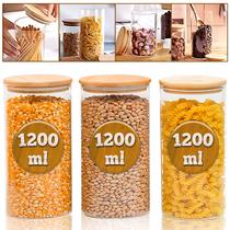 Kit Potes Porta Mantimento Frasco De Vidro Herméticos Tampa de Bambu Natural